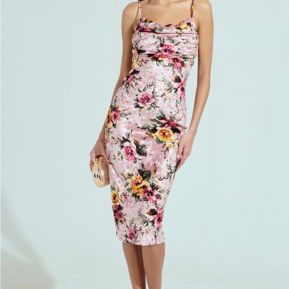 AKIRA Charlotte Pink Printed Floral Midi Dress